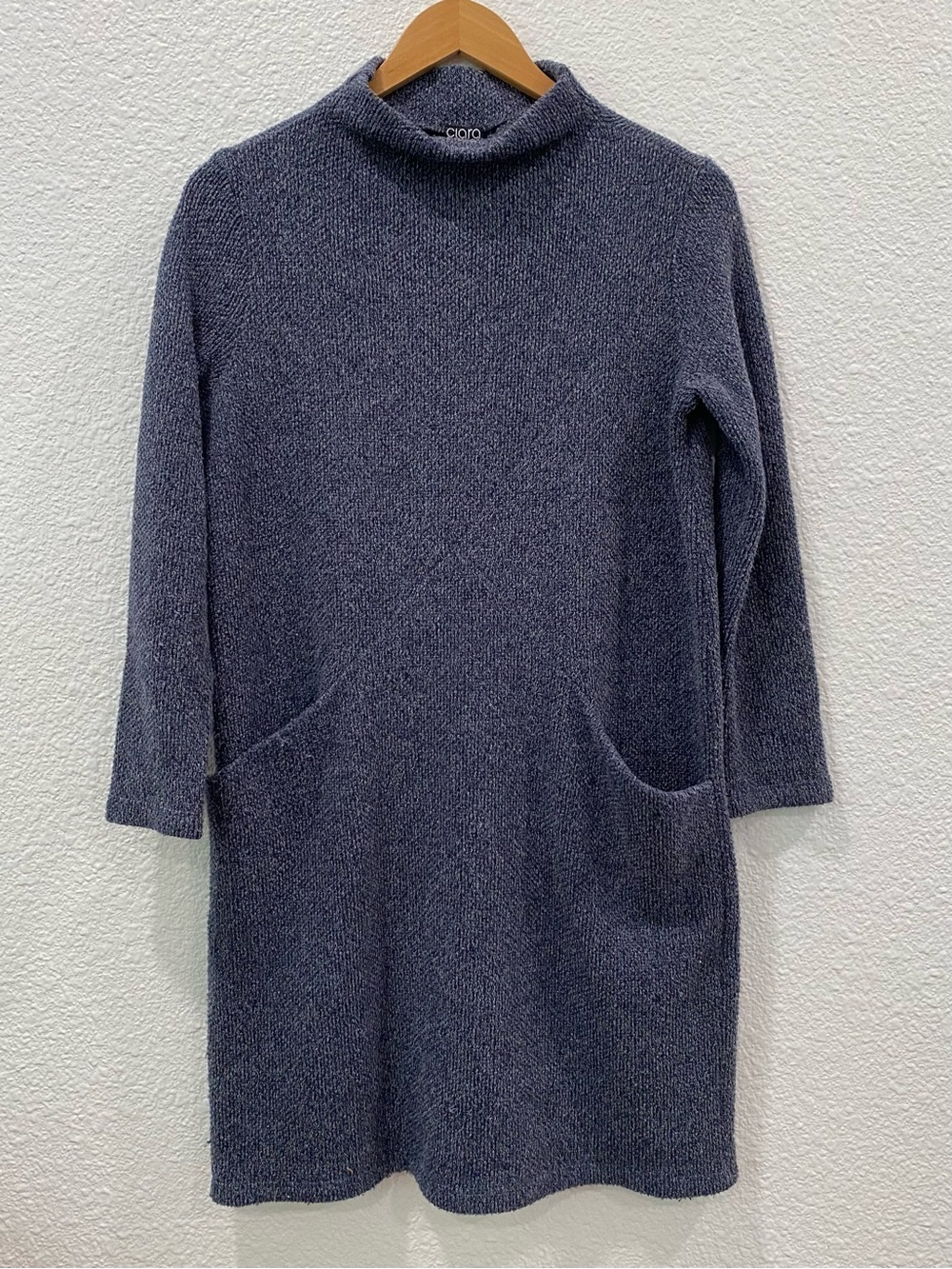 Clara Sun Woo Mock Neck Bouclé Knit Pocket Tunic Sweater Blue Made USA Size S